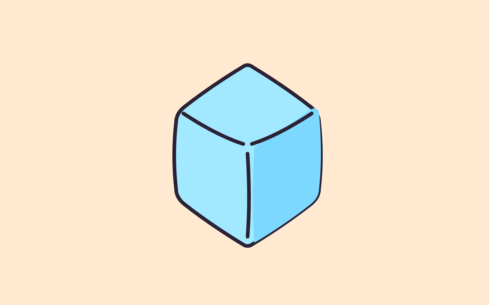 Inflated cube. Corners 9% of edge, every edge bowed, interior lines stopping short of the centre.