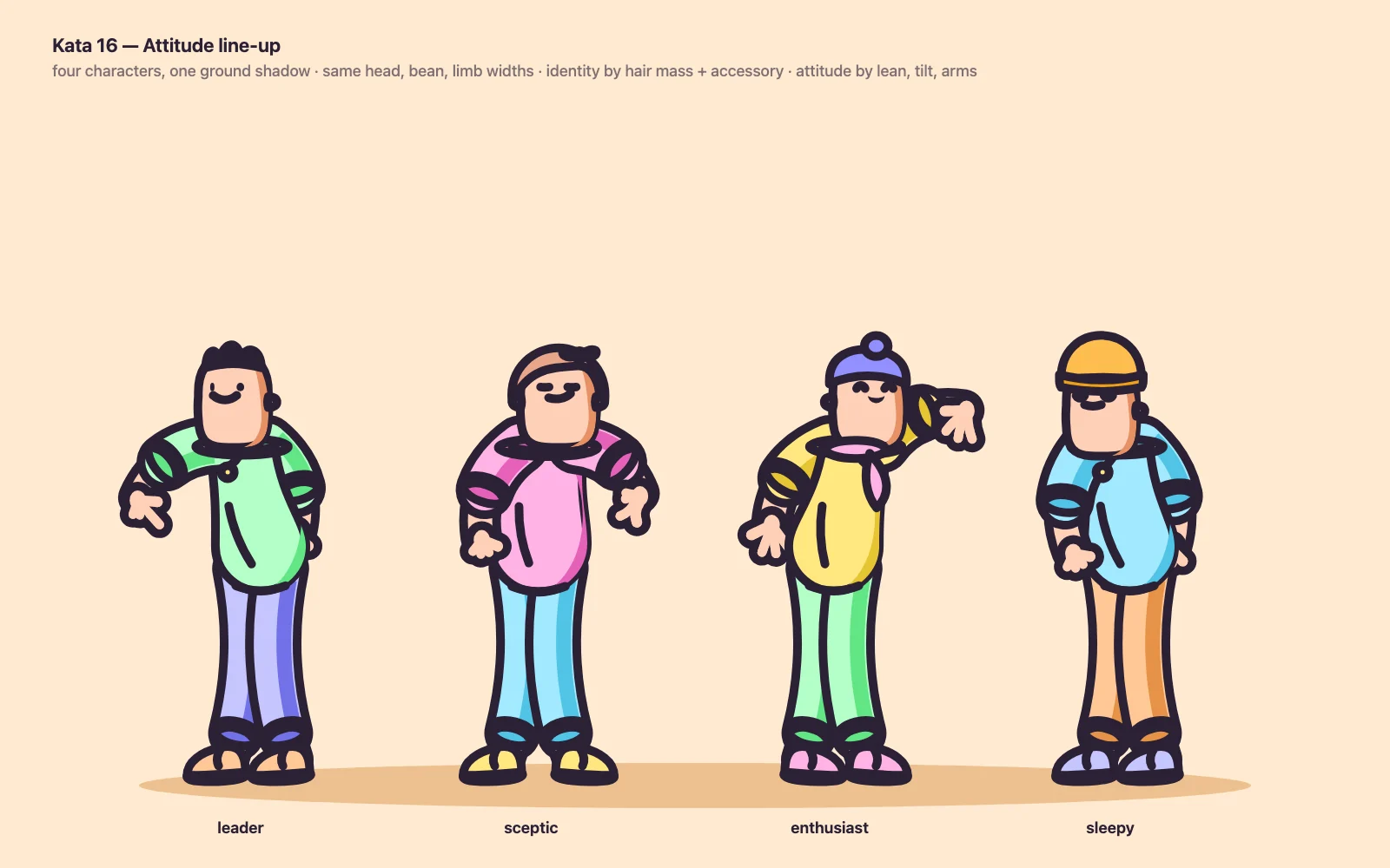Attitude line-up. Four characters, one ground shadow.
